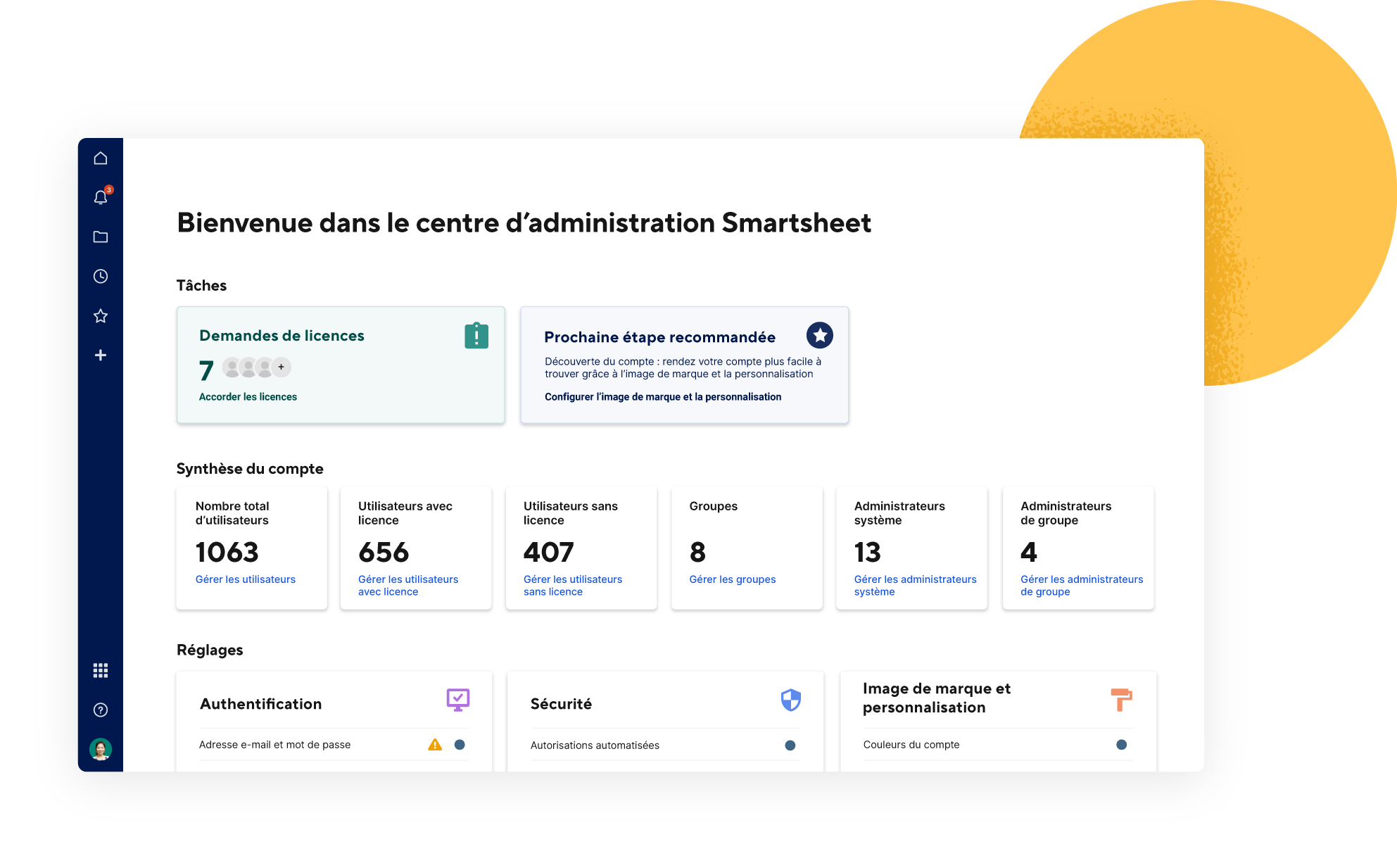 le centre d'administration Smartsheet