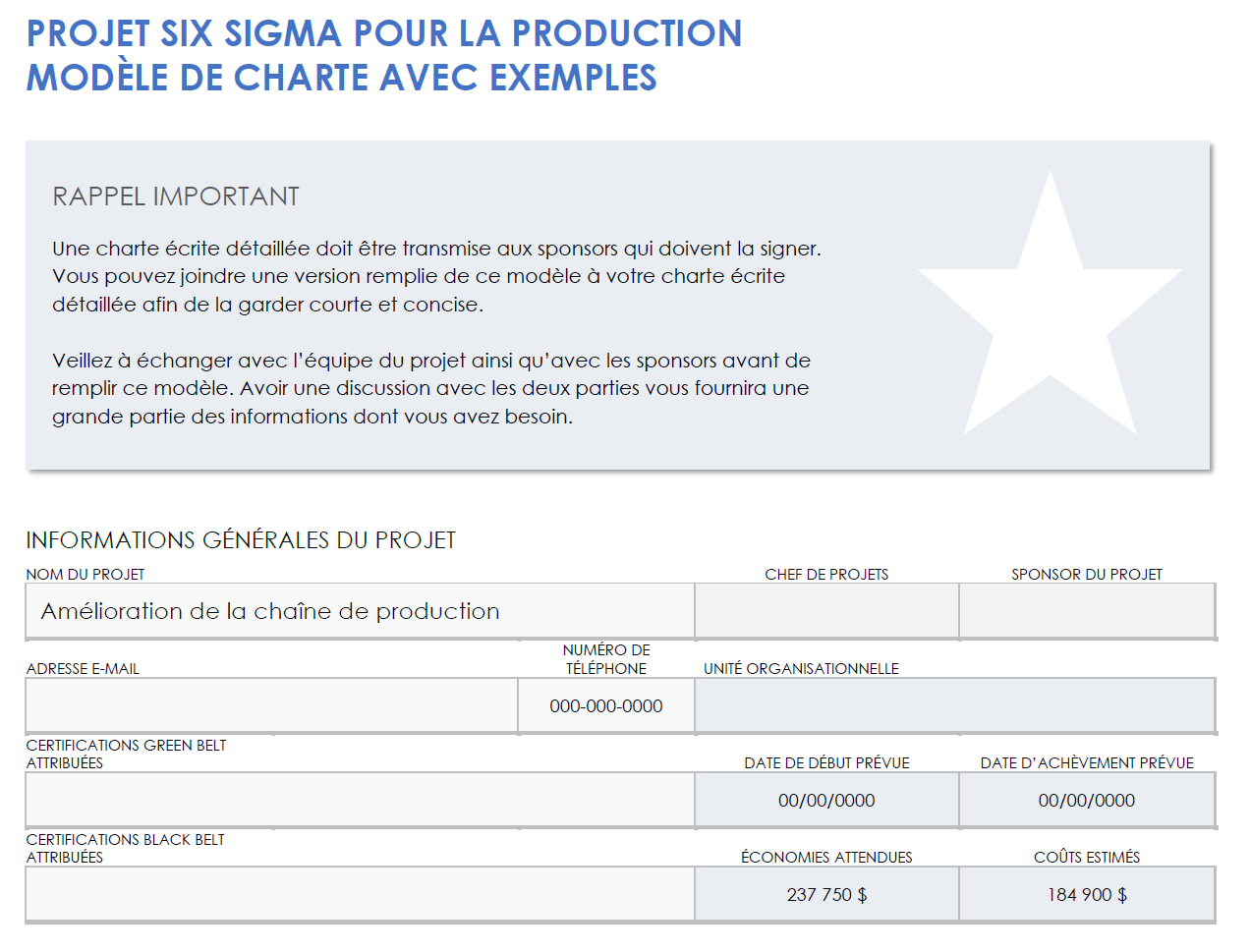 Exemple de charte de projet de fabrication six sigma