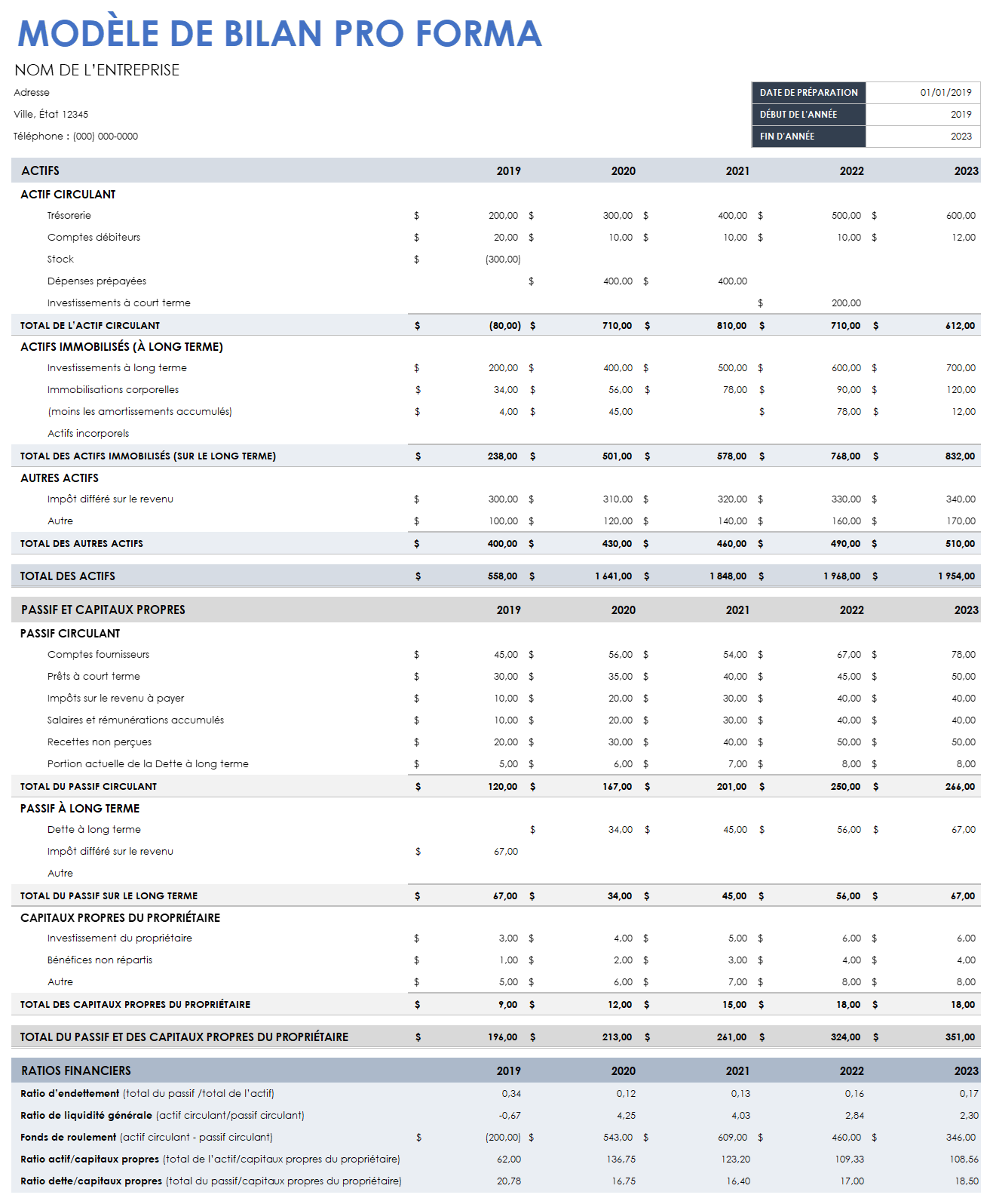  Modèle de bilan pro-forma