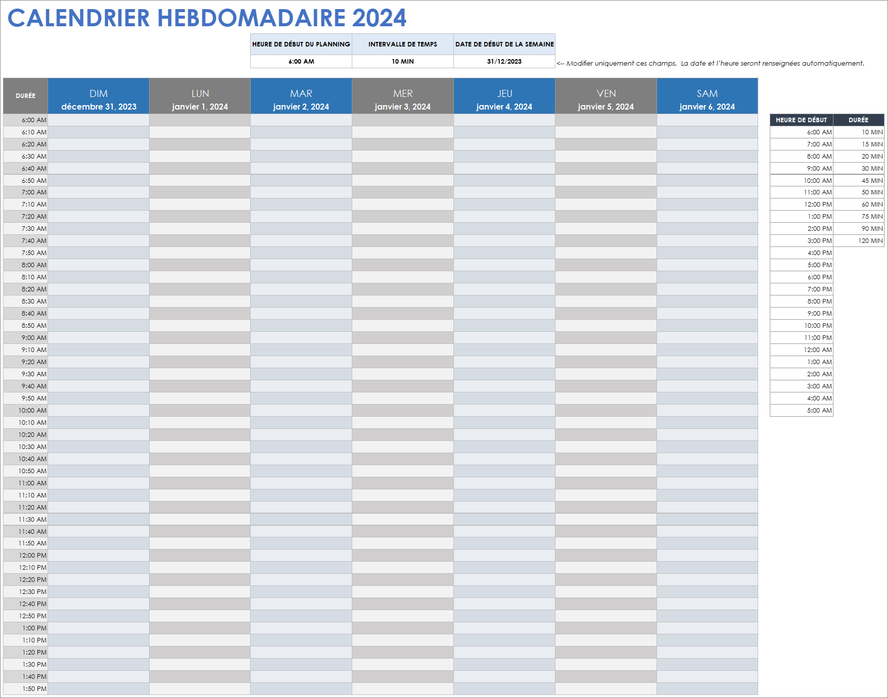  Modèle de calendrier hebdomadaire 2024 Google Sheets