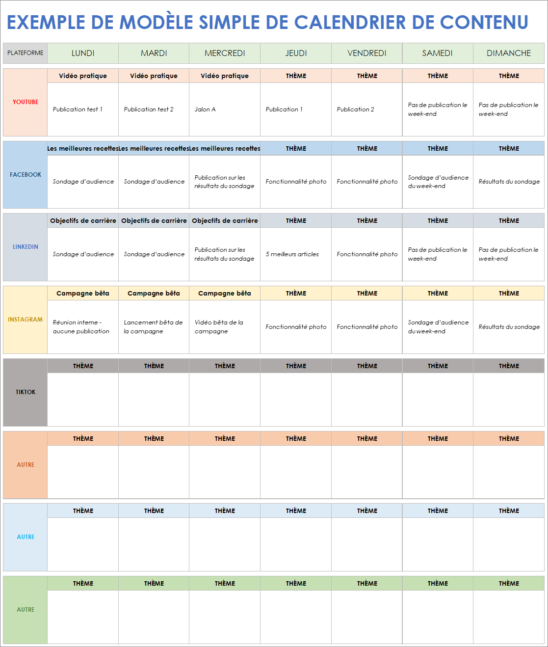  Modèle d'exemple de calendrier de contenu simple