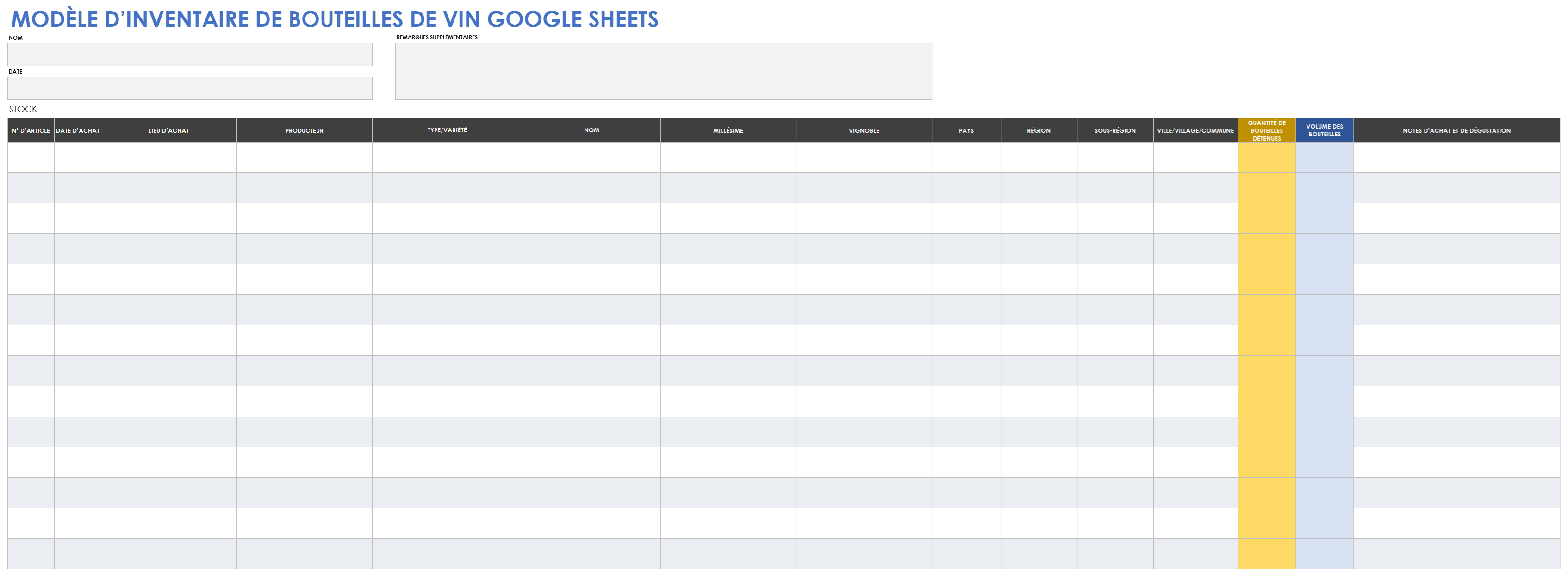 Modèle de suivi d'inventaire de bouteilles de vin sur Google Sheets