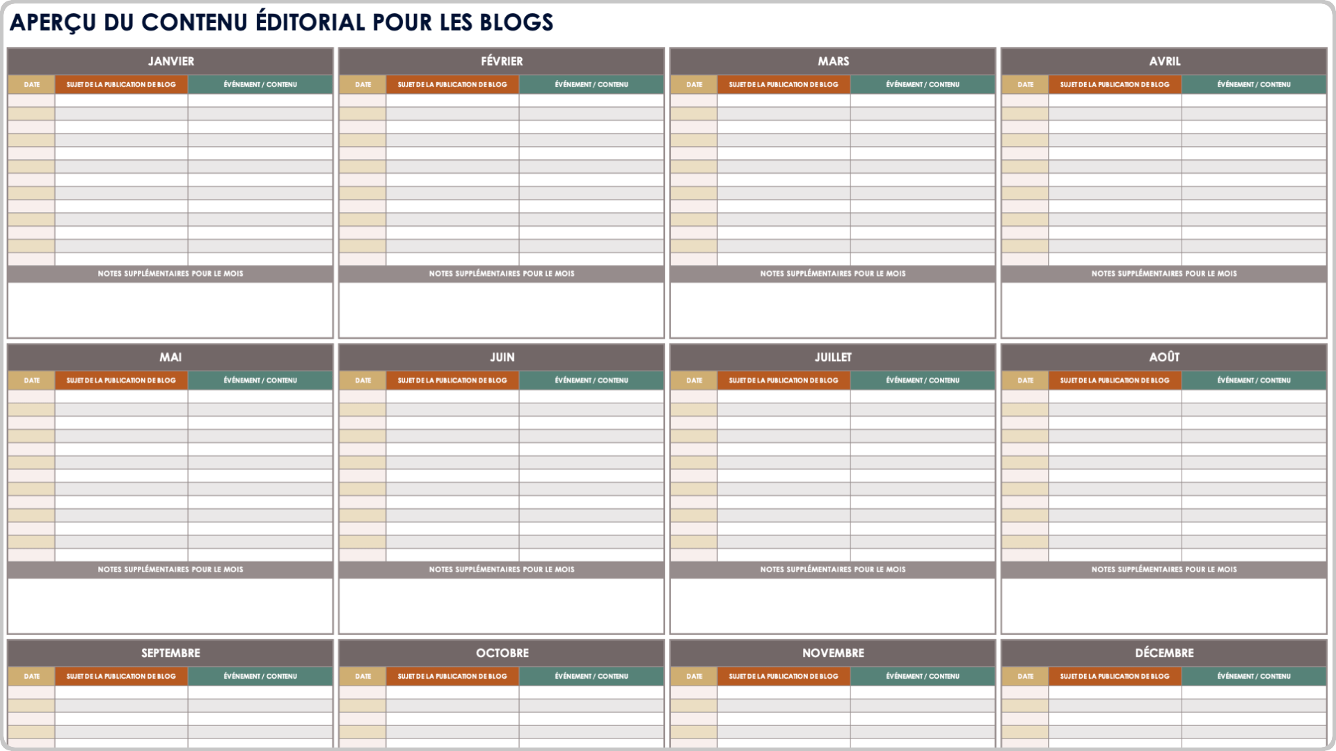 Modèle de calendrier de blogs sur les réseaux sociaux