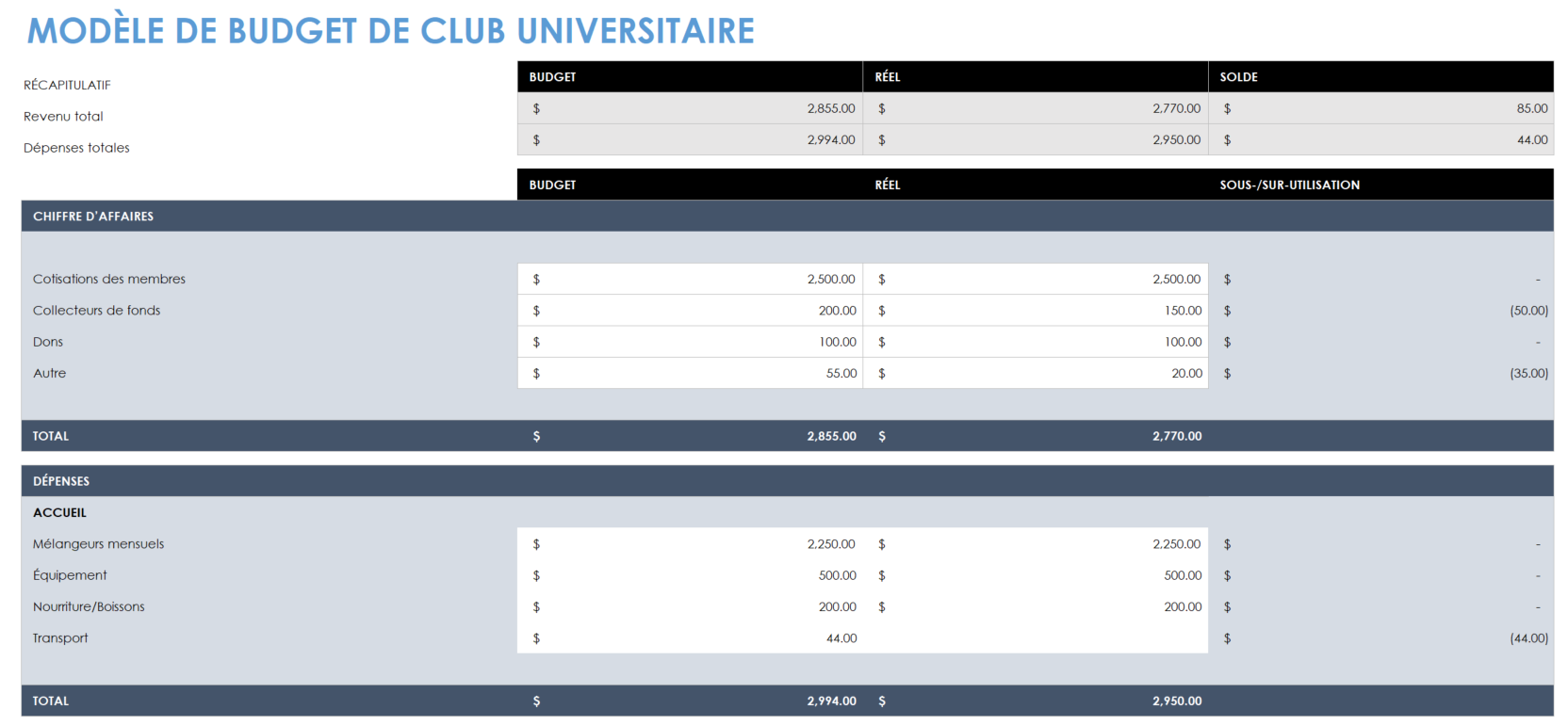 Modèle de budget de club académique