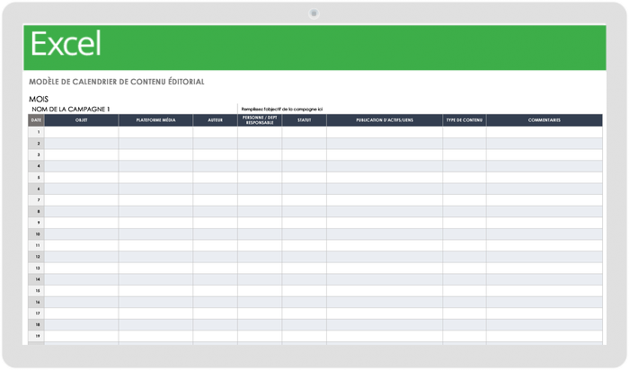 Calendrier des contenus éditoriaux