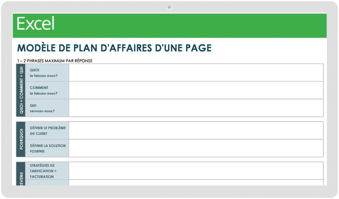 Modèle de plan d'affaires d'une page