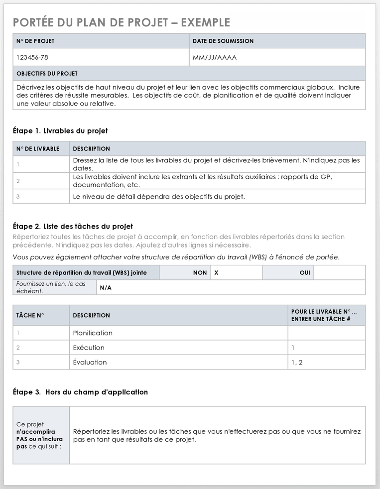 Exemple de portée du plan de projet