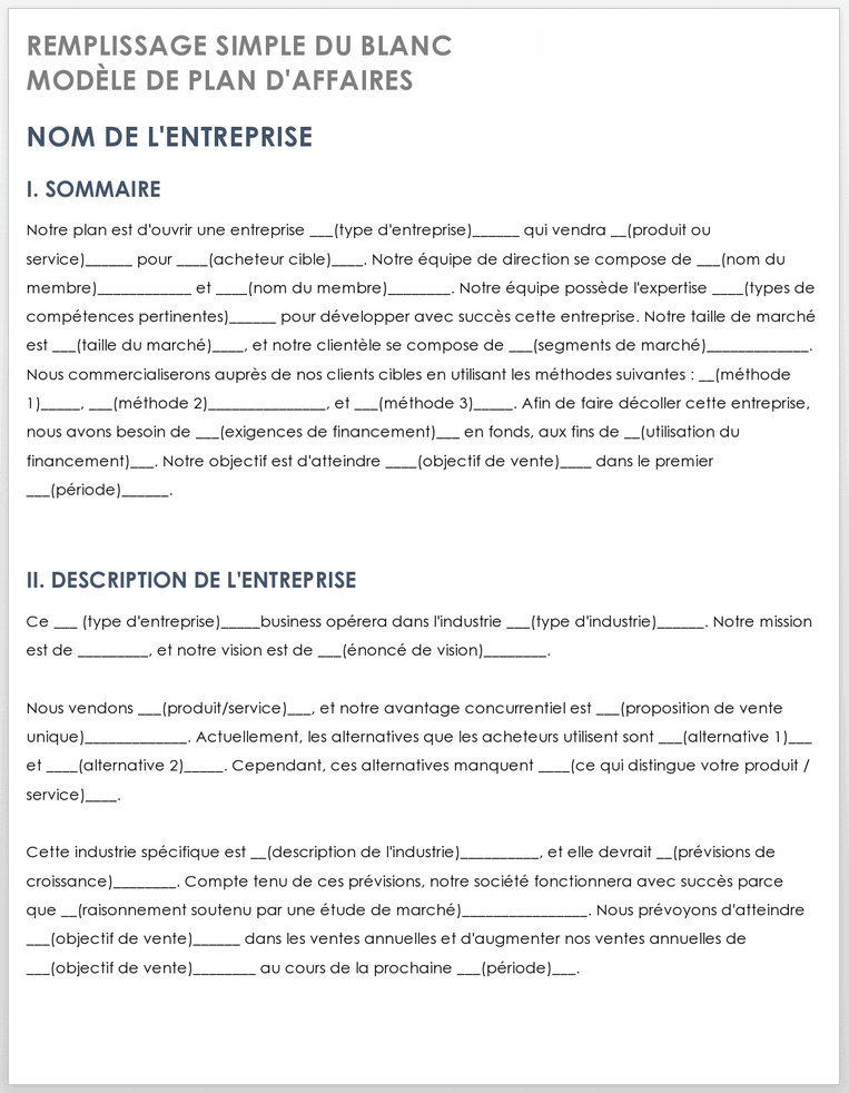 Remplissez simplement le plan d'affaires vierge