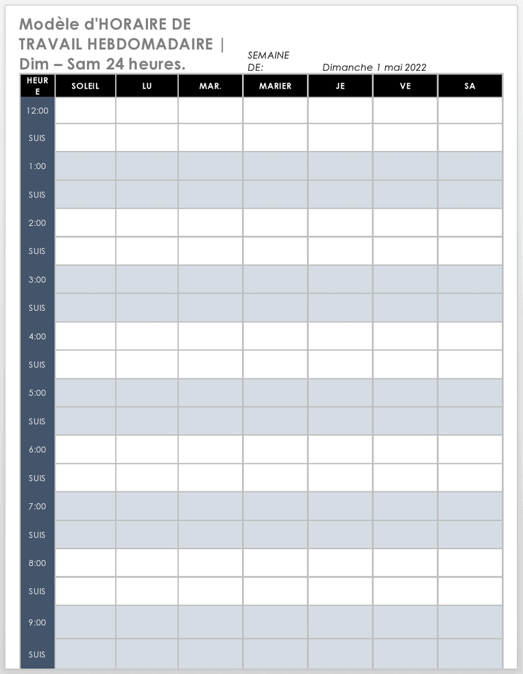 Modèle d'horaire hebdomadaire 24 heures du dimanche au samedi