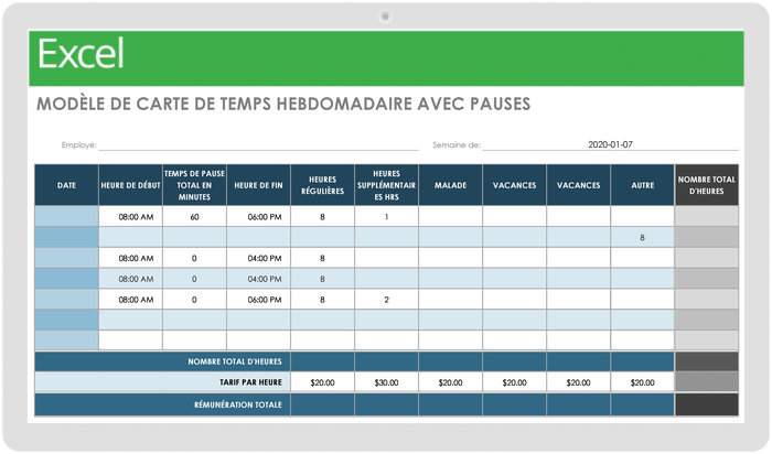 Modèle de carte de pointage hebdomadaire avec pauses mises à jour